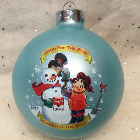 Campbell's Soup Kids 1998 Glass Ball Christmas Ornament Aqua Building Snowman - Picture 1 of 3